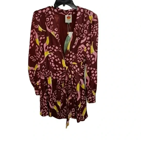 Farm Rio Toucanissimo Long Sleeve Print Wrap Dress Burgundy Size Small